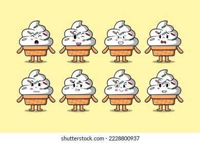 Set kawaii Ice cream cartoon character with different expressions cartoon face vector illustrations