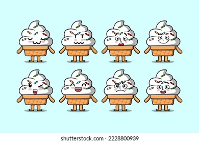 Set kawaii Ice cream cartoon character with different expressions cartoon face vector illustrations