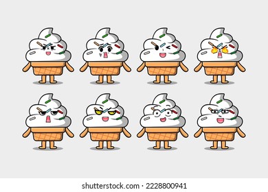 Set kawaii Ice cream cartoon character with different expressions cartoon face vector illustrations