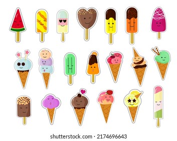 Set of kawaii ice cream characters. Cute cartoon stickers. Vector illustration. For covers, notebooks, childrens games.