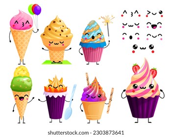 Set of kawaii ice cream with funny emotional faced, handles, cartoon vector illustration ice cream character on white background, cute tasty ice cream 