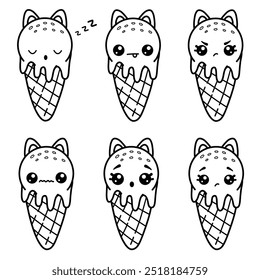  Set of kawaii ice cream silhouettes with cat ears. Children's vector coloring book isolated on white background