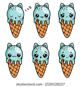  A set of kawaii ice creams with cat ears and a cute face. Vector illustration on white background