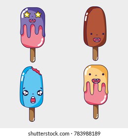 set kawaii ice lolly faces expression