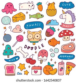 Set of Kawaii Icon in Doodle Style Illustration, Cute Sticker Collection