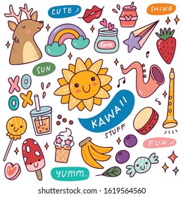 Set of Kawaii Icons, Cute Sticker Collection, Fashion Patches Design 