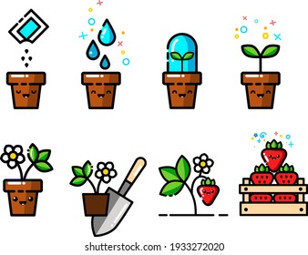 A set of kawaii icons growing strawberries from seeds in a pot, cute fun kawaii strawberries, a box of strawberries, a shovel, planting strawberries, the growth process. fun vector illustration.