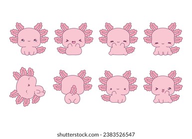 Set of Kawaii Isolated Axolotl. Collection of Vector Cartoon Animal Illustrations for Stickers, Baby Shower, Coloring Pages, Prints for Clothes. 