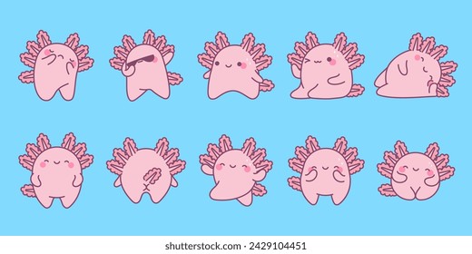 Set of Kawaii Isolated Axolotl. Collection of Vector Cartoon Reptile Animal Illustrations for Stickers, Baby Shower, Coloring Pages, Prints for Clothes.
