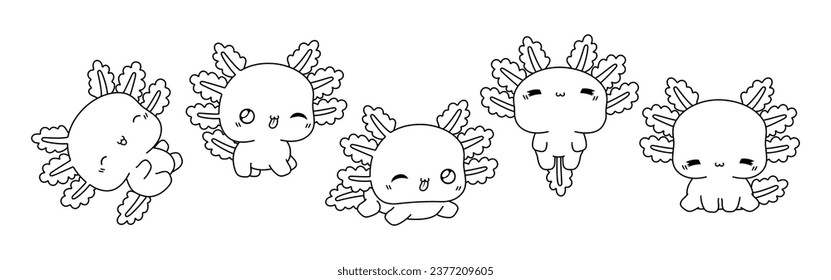 Set von Kawaii isolierte Axolotl-Farbseite. Kollektion von Cute Vector Cartoon Animal Outline für Aufkleber, Babydusche, Farbbuch, Bedruckungen für Kleidung. 