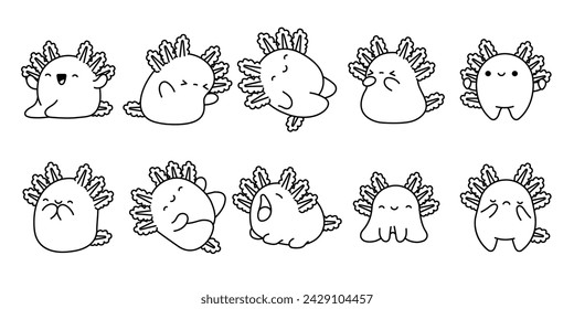 Set of Kawaii Isolated Axolotl Coloring Page. Collection of Cute Vector Cartoon Reptile Animal Outline for Stickers, Baby Shower, Coloring Book, Prints for Clothes.
