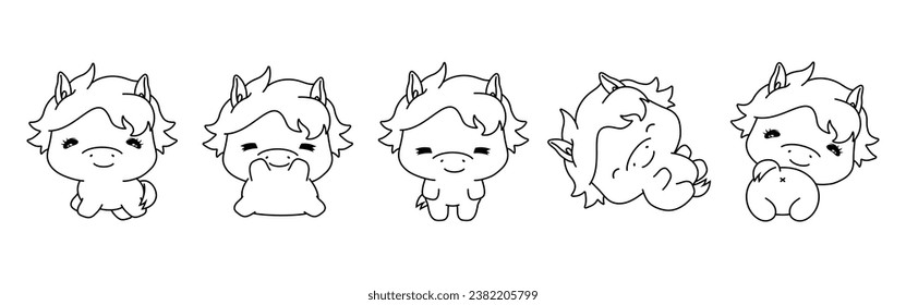 Set of Kawaii Isolated Baby Horse Coloring Page. Collection of Cute Vector Cartoon Animal Outline for Stickers, Baby Shower, Coloring Book, Prints for Clothes. 