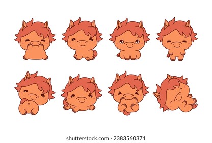 Set of Kawaii Isolated Baby Horse. Collection of Vector Cartoon Baby Animal Illustrations for Stickers, Baby Shower, Coloring Pages, Prints for Clothes. 
