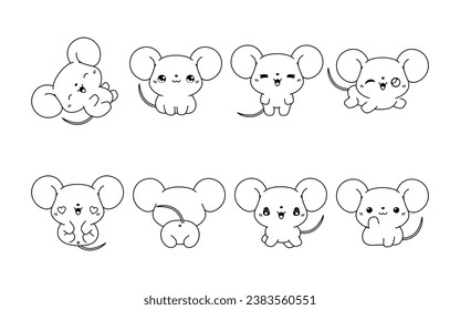 Set of Kawaii Isolated Baby Rat Coloring Page. Collection of Cute Vector Cartoon Mice Outline for Stickers, Baby Shower, Coloring Book, Prints for Clothes. 