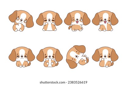 Set of Kawaii Isolated Beagle Dog. Collection of Vector Cartoon Puppy Illustrations for Stickers, Baby Shower, Coloring Pages, Prints for Clothes. 