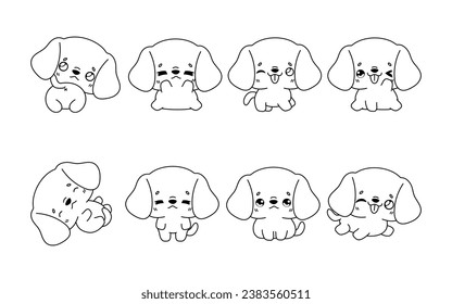 Set of Kawaii Isolated Beagle Dog Coloring Page. Collection of Cute Vector Cartoon Animal Outline for Stickers, Baby Shower, Coloring Book, Prints for Clothes. 