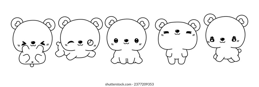 Set of Kawaii Isolated Bear Coloring Page. Collection of Cute Vector Cartoon Animal Outline for Stickers, Baby Shower, Coloring Book, Prints for Clothes. 