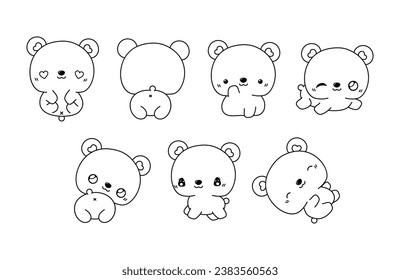 Set of Kawaii Isolated Bear Coloring Page. Collection of Cute Vector Cartoon Animal Outline for Stickers, Baby Shower, Coloring Book, Prints for Clothes. 