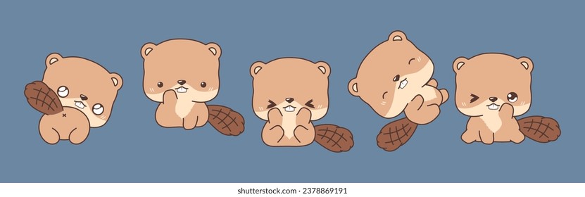 Set of Kawaii Isolated Beaver. Collection of Vector Cartoon Animal Illustrations for Stickers, Baby Shower, Coloring Pages, Prints for Clothes. 