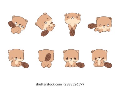 Set of Kawaii Isolated Beaver. Collection of Vector Cartoon Animal Illustrations for Stickers, Baby Shower, Coloring Pages, Prints for Clothes. 