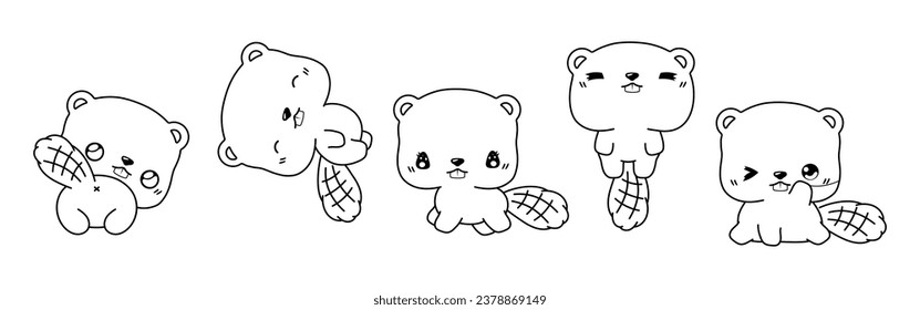 Set of Kawaii Isolated Beaver Coloring Page. Collection of Cute Vector Cartoon Animal Outline for Stickers, Baby Shower, Coloring Book, Prints for Clothes. 