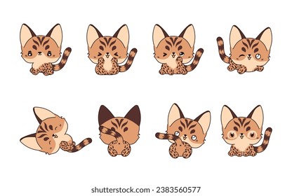 Juego de Kawaii aislado gato bengalí. Colección de dibujos animados para bebés e ilustraciones gatitas para pegatinas, ducha para bebés, páginas de colores, impresiones para ropa. 