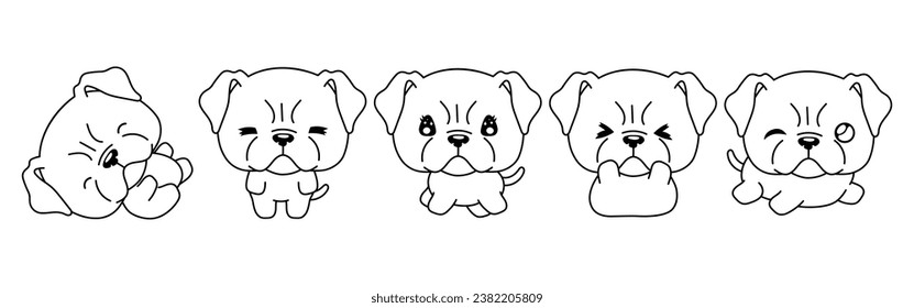 Set of Kawaii Isolated Boxer Puppy Coloring Page. Collection of Cute Vector Cartoon Animal Outline for Stickers, Baby Shower, Coloring Book, Prints for Clothes. 