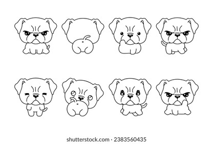 Set of Kawaii Isolated Boxer Puppy Coloring Page. Collection of Cute Vector Cartoon Animal Outline for Stickers, Baby Shower, Coloring Book, Prints for Clothes. 