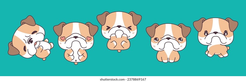 Set of Kawaii Isolated Bulldog Dog. Collection of Vector Cartoon Puppy Illustrations for Stickers, Baby Shower, Coloring Pages, Prints for Clothes. 