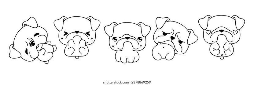 Set of Kawaii Isolated Bulldog Dog Coloring Page. Collection of Cute Vector Cartoon Puppy Outline for Stickers, Baby Shower, Coloring Book, Prints for Clothes. 