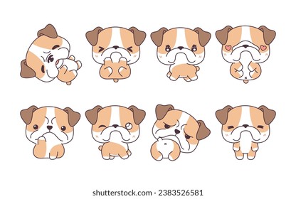 Set of Kawaii Isolated Bulldog Dog. Collection of Vector Cartoon Puppy Illustrations for Stickers, Baby Shower, Coloring Pages, Prints for Clothes. 