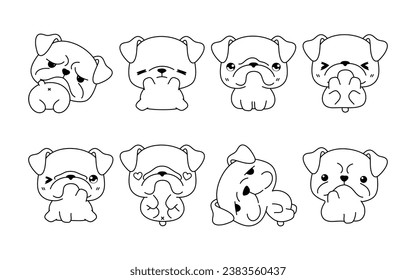 Set of Kawaii Isolated Bulldog Dog Coloring Page. Collection of Cute Vector Cartoon Puppy Outline for Stickers, Baby Shower, Coloring Book, Prints for Clothes. 