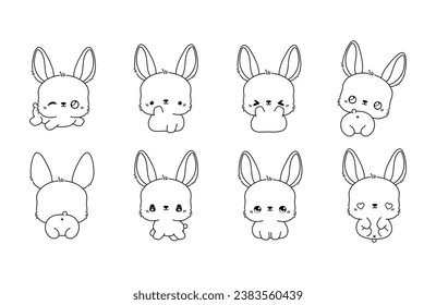 Set of Kawaii Isolated Bunny Coloring Page. Collection of Cute Vector Cartoon Rabbit Outline for Stickers, Baby Shower, Coloring Book, Prints for Clothes. 