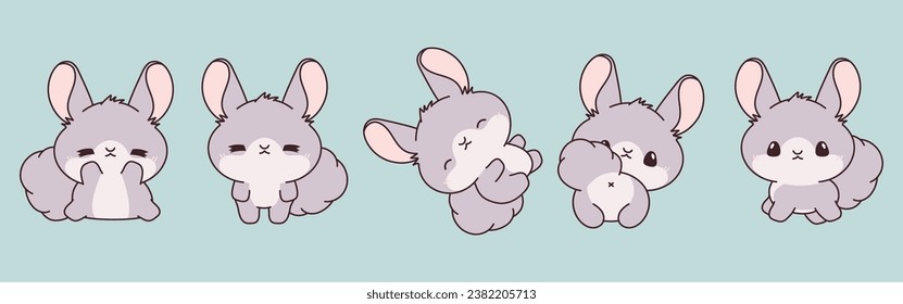 Set of Kawaii Isolated Chinchilla. Collection of Vector Cartoon Rodent Illustrations for Stickers, Baby Shower, Coloring Pages, Prints for Clothes. 