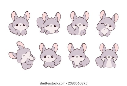 Set of Kawaii Isolated Chinchilla. Collection of Vector Cartoon Rodent Illustrations for Stickers, Baby Shower, Coloring Pages, Prints for Clothes. 