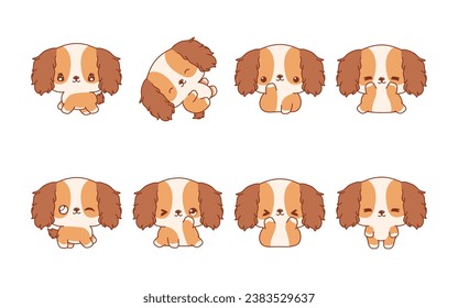 Set of Kawaii Isolated Cocker Spaniel Puppy. Collection of Vector Cartoon Animal Illustrations for Stickers, Baby Shower, Coloring Pages, Prints for Clothes. 