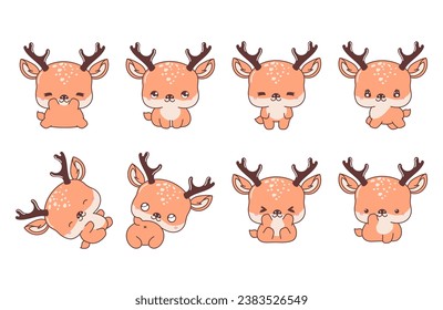 Set of Kawaii Isolated Deer. Collection of Vector Cartoon Forest Animal Illustrations for Stickers, Baby Shower, Coloring Pages, Prints for Clothes. 