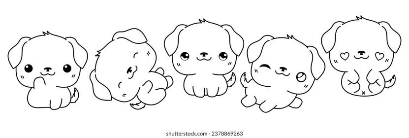 Set of Kawaii Isolated Dog Coloring Page. Collection of Cute Vector Cartoon Rottweiler Dog Outline for Stickers, Baby Shower, Coloring Book, Prints for Clothes. 