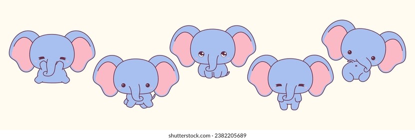 Set of Kawaii Isolated Elephant. Collection of Vector Cartoon Baby Animal Illustrations for Stickers, Baby Shower, Coloring Pages, Prints for Clothes. 