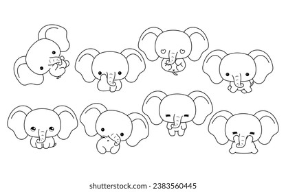 Set of Kawaii Isolated Elephant Coloring Page. Collection of Cute Vector Cartoon Baby Animal Outline for Stickers, Baby Shower, Coloring Book, Prints for Clothes. 