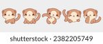 Set of Kawaii Isolated Ferret. Collection of Vector Cartoon Baby Pet Illustrations for Stickers, Baby Shower, Coloring Pages, Prints for Clothes. 