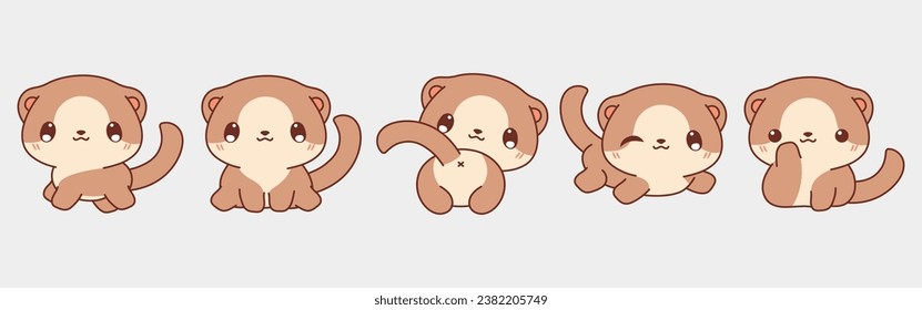 Set of Kawaii Isolated Ferret. Collection of Vector Cartoon Baby Pet Illustrations for Stickers, Baby Shower, Coloring Pages, Prints for Clothes. 