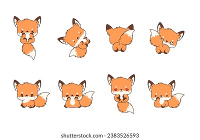 Set of Kawaii Isolated Fox. Collection of Vector Cartoon Animal Illustrations for Stickers, Baby Shower, Coloring Pages, Prints for Clothes. 