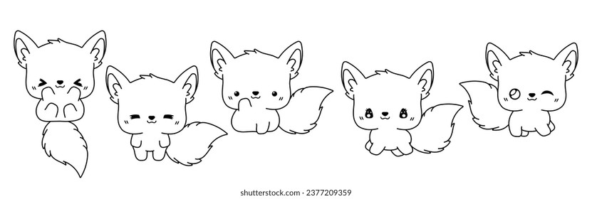 Set of Kawaii Isolated Fox Coloring Page. Collection of Cute Vector Cartoon Animal Outline for Stickers, Baby Shower, Coloring Book, Prints for Clothes. 