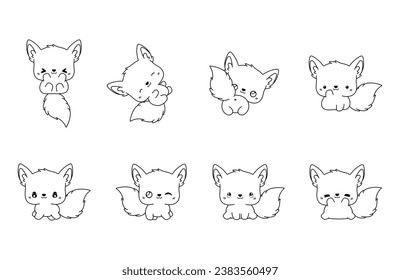 Set of Kawaii Isolated Fox Coloring Page. Collection of Cute Vector Cartoon Animal Outline for Stickers, Baby Shower, Coloring Book, Prints for Clothes. 