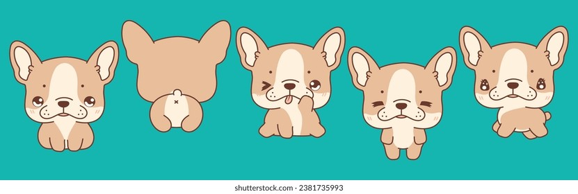 Set of Kawaii Isolated French Bulldog Puppy. Collection of Vector Cartoon Pet Illustrations for Stickers, Baby Shower, Coloring Pages, Prints for Clothes. 