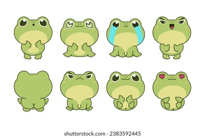 Set of Kawaii Isolated Frog. Collection of Vector Cartoon Froggy Illustrations for Stickers, Baby Shower, Coloring Pages, Prints for Clothes. 