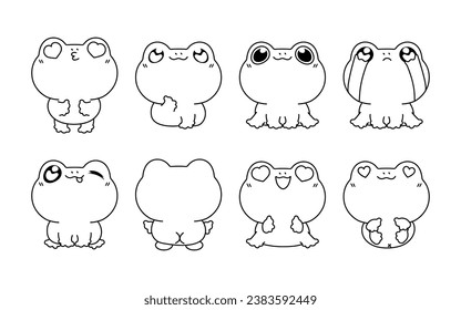Set of Kawaii Isolated Frog Coloring Page. Collection of Cute Vector Cartoon Froggy Outline for Stickers, Baby Shower, Coloring Book, Prints for Clothes. 