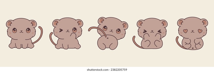 Set of Kawaii Isolated Gerbil. Collection of Vector Cartoon Baby Animal Illustrations for Stickers, Baby Shower, Coloring Pages, Prints for Clothes. 