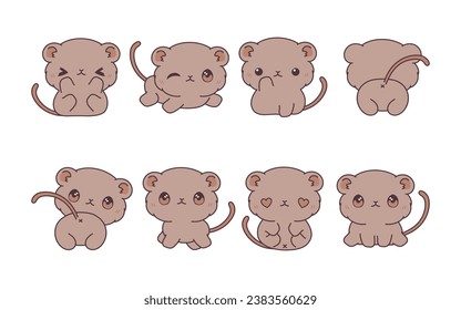 Set of Kawaii Isolated Gerbil. Collection of Vector Cartoon Baby Animal Illustrations for Stickers, Baby Shower, Coloring Pages, Prints for Clothes. 